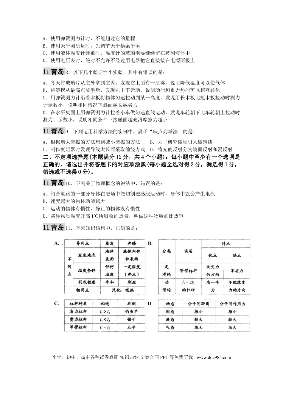 【中考历年真题】2011年青岛市中考物理试卷和答案.doc