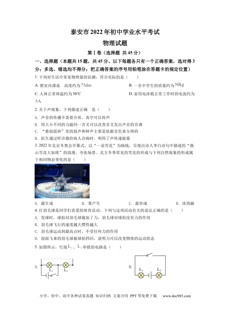 【中考历年真题】精品解析：2022年山东省泰安市中考物理真题（原卷版） (1).docx