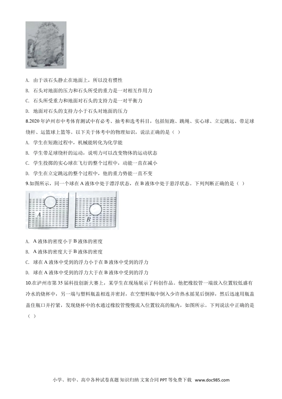 【中考历年真题】精品解析：2020年四川省泸州市中考物理试题（原卷版） (1).doc