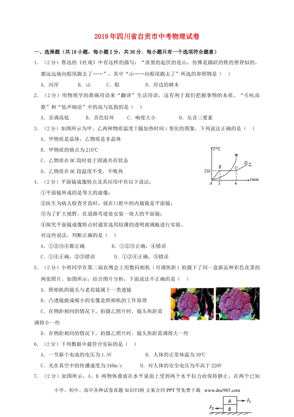 【中考历年真题】四川省自贡市2019年中考物理真题试题（含解析）.doc