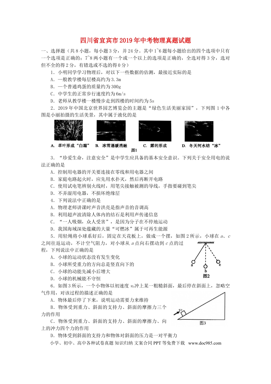 【中考历年真题】四川省宜宾市2019年中考物理真题试题.doc