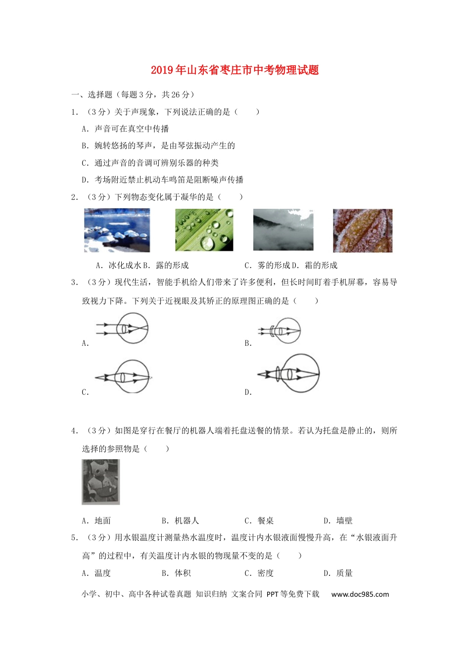 【中考历年真题】山东省枣庄市2019年中考物理真题试题.docx
