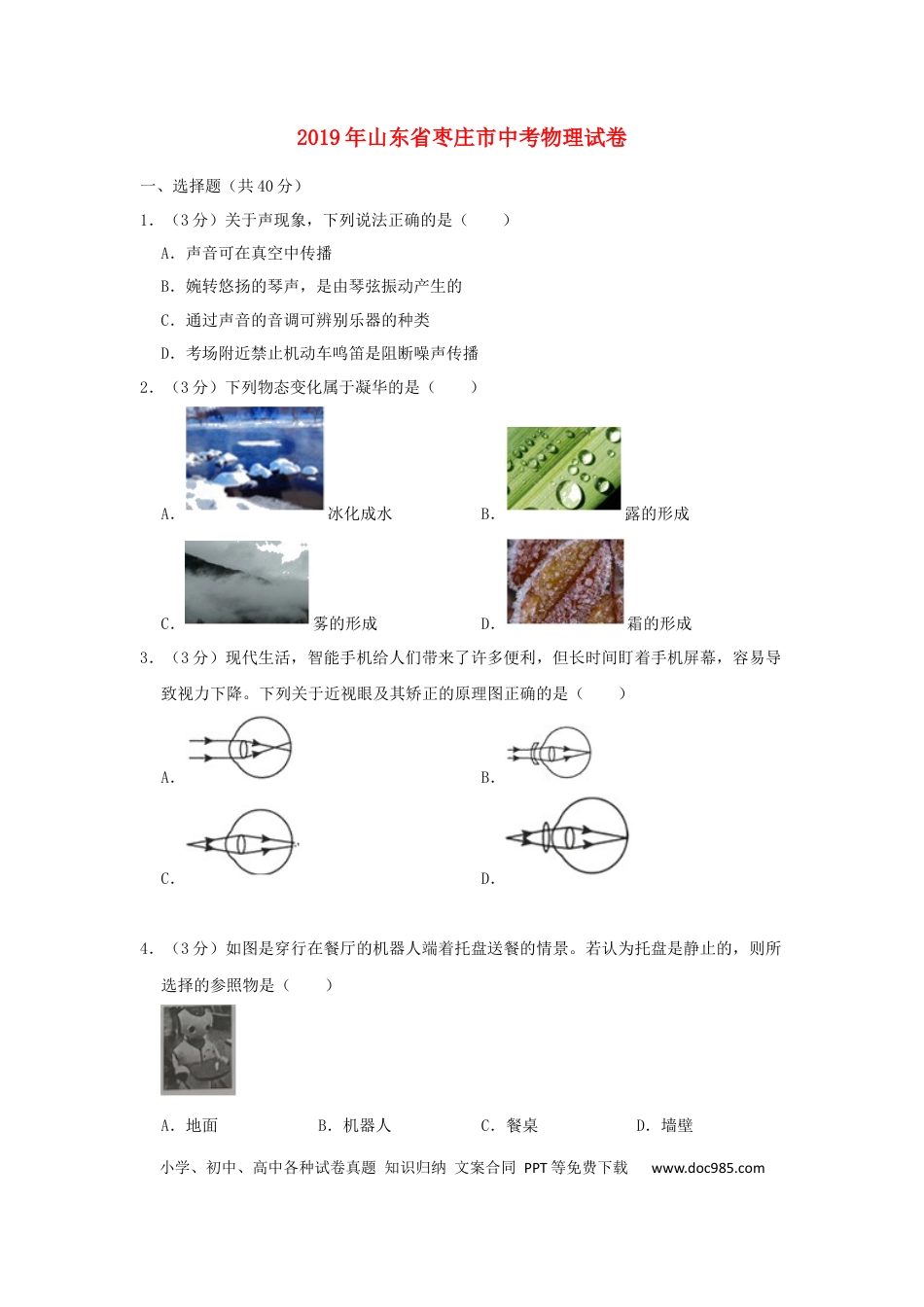 【中考历年真题】山东省枣庄市2019年中考物理真题试题（含解析）.docx