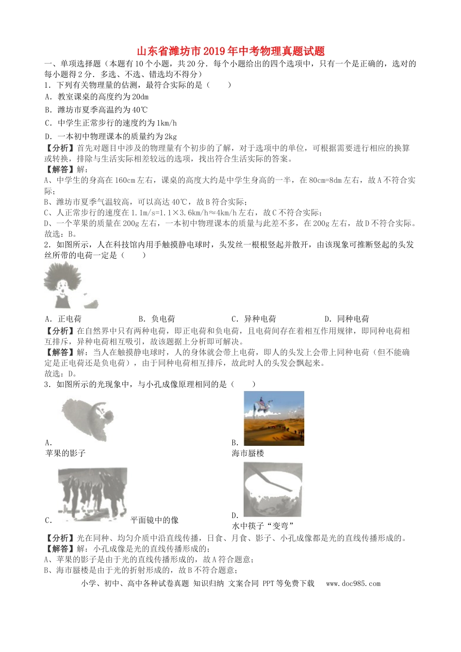 【中考历年真题】山东省潍坊市2019年中考物理真题试题（含解析）.docx
