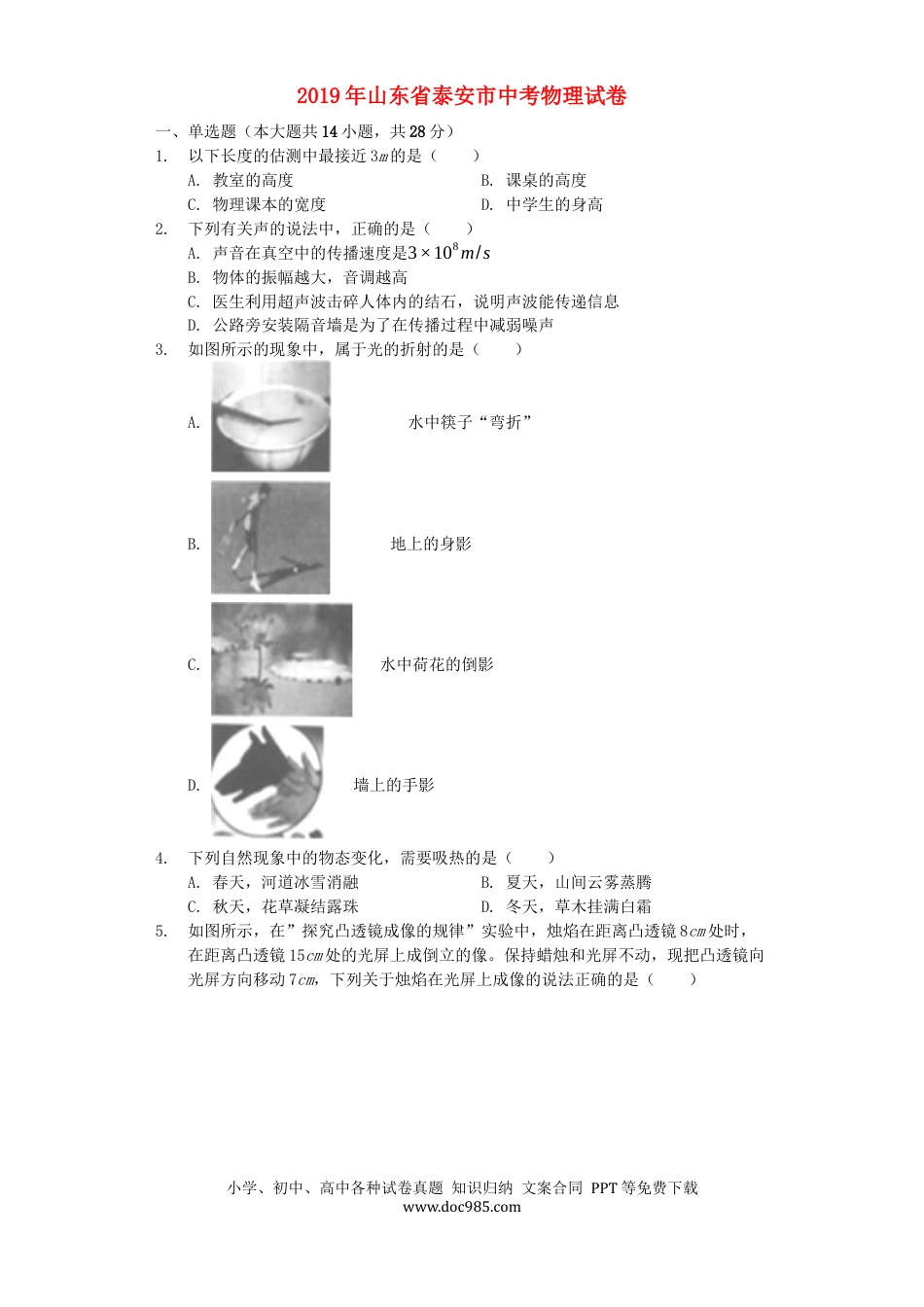 【中考历年真题】山东省泰安市2019年中考物理真题试题（含解析）.docx