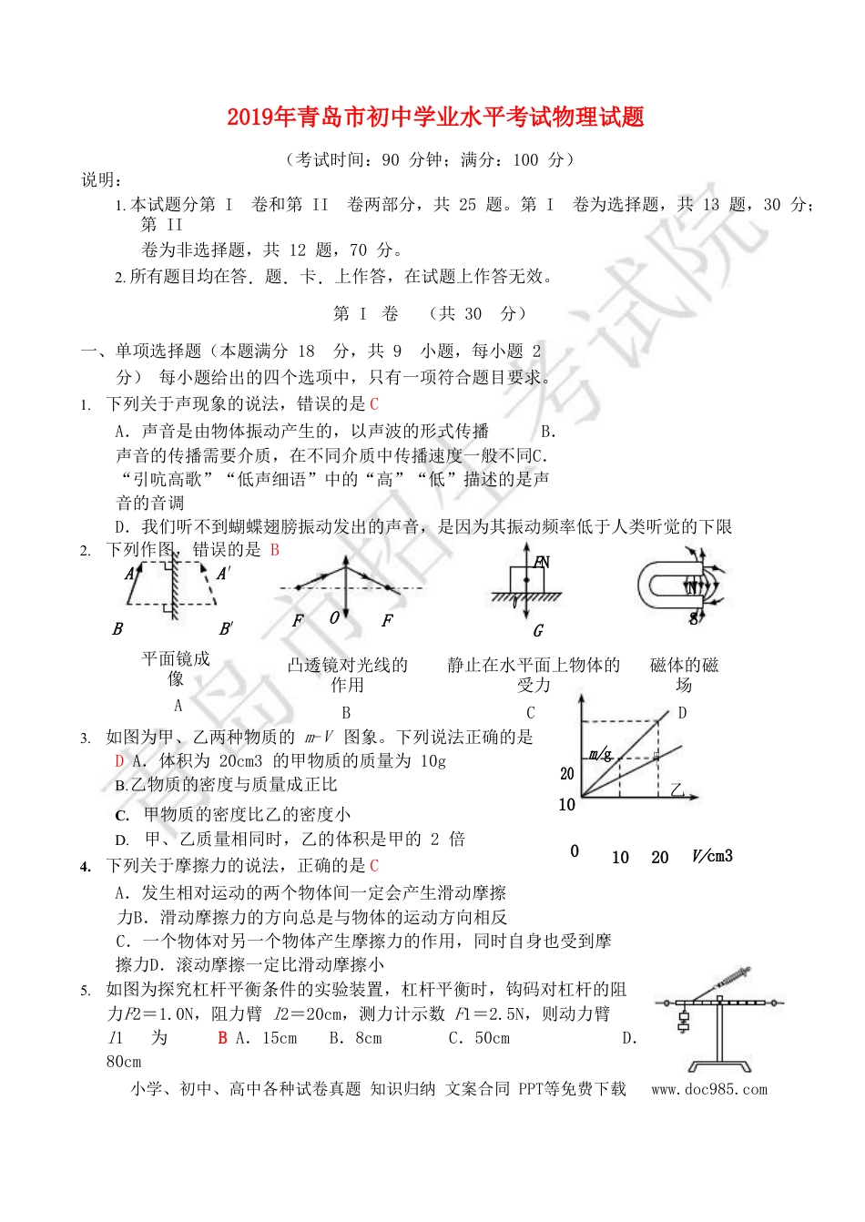 【中考历年真题】山东省青岛市2019年中考物理真题试题.doc