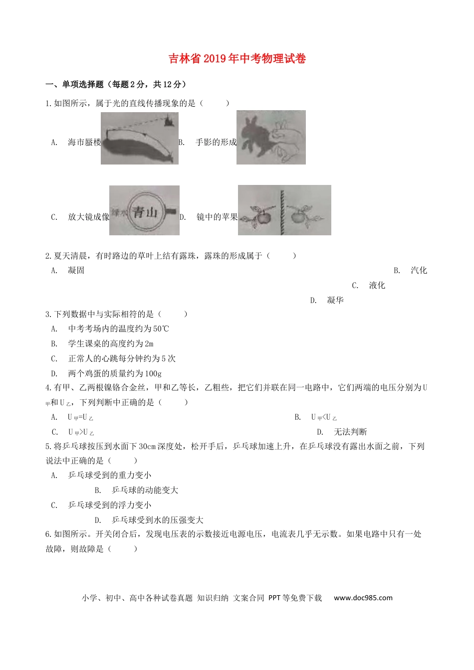 【中考历年真题】吉林省2019年中考物理真题试题（含解析）.docx