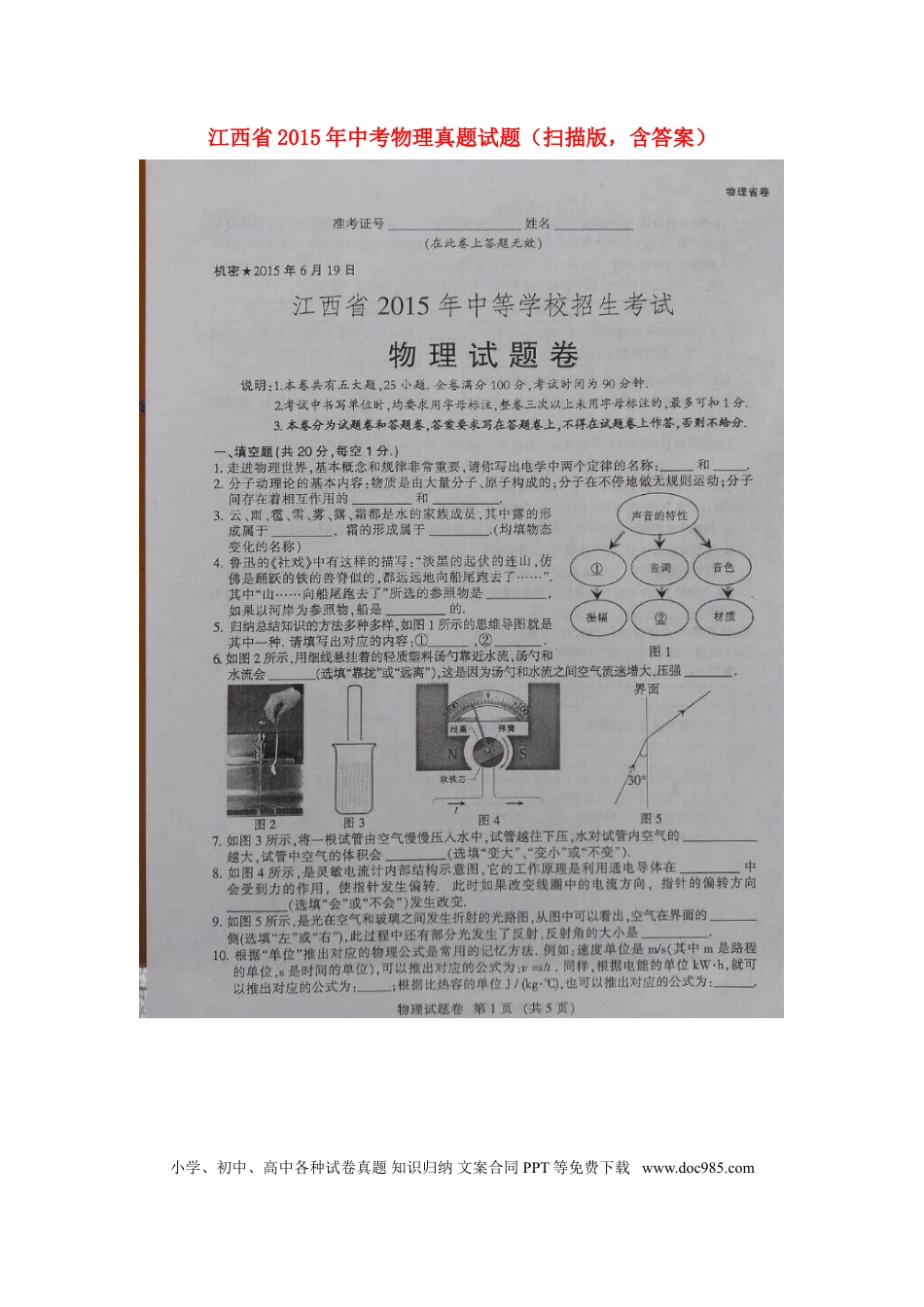 【中考历年真题】江西省2015年中考物理真题试题（扫描版，含答案）.doc