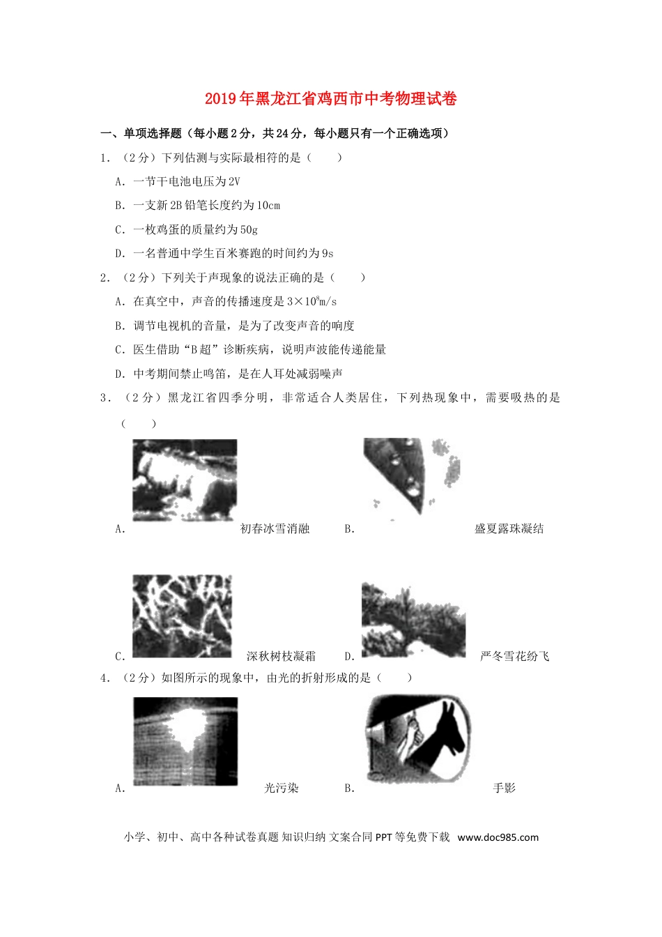【中考历年真题】黑龙江省鸡西市2019年中考物理真题试题（含解析）.doc