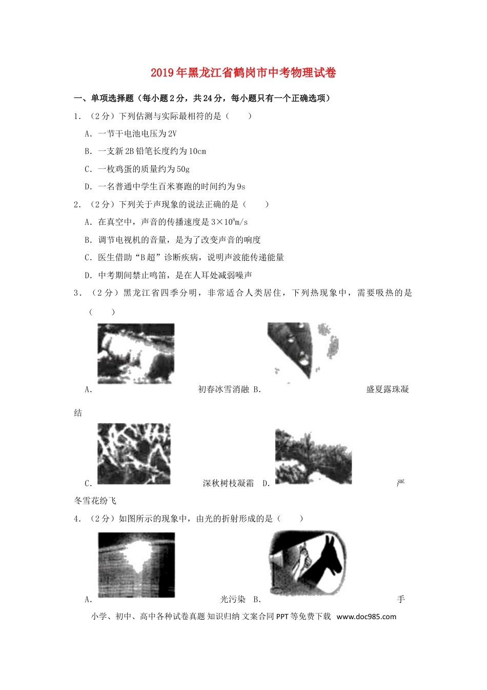 【中考历年真题】黑龙江省鹤岗市2019年中考物理真题试题（含解析）.doc