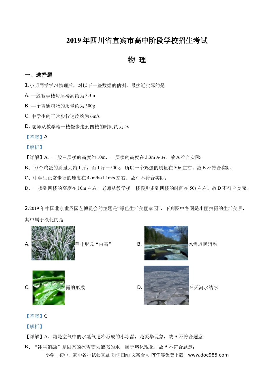 【中考历年真题】精品解析：2019年四川省宜宾市中考物理试题（解析版）.doc