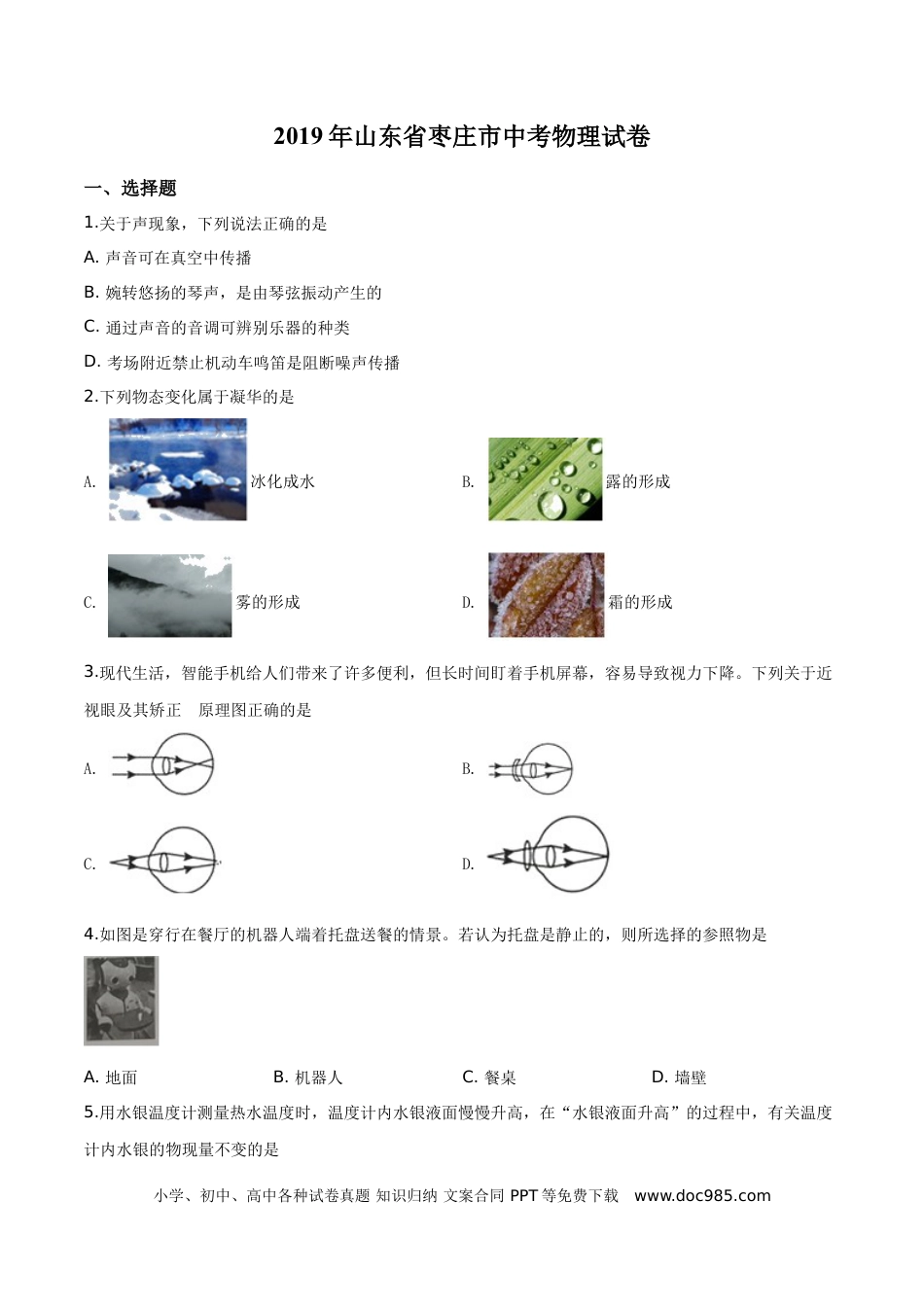 【中考历年真题】精品解析：2019年山东省枣庄市中考物理试题（原卷版）.doc