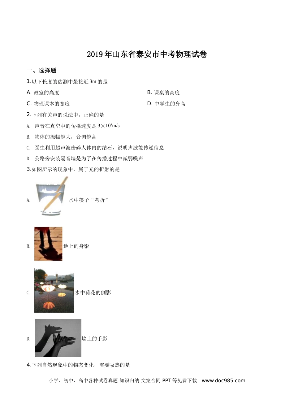 【中考历年真题】精品解析：2019年山东省泰安市中考物理试题（原卷版）.doc