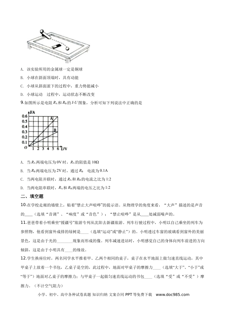 【中考历年真题】精品解析：2019年辽宁省沈阳市中考物理试题（原卷版）.doc