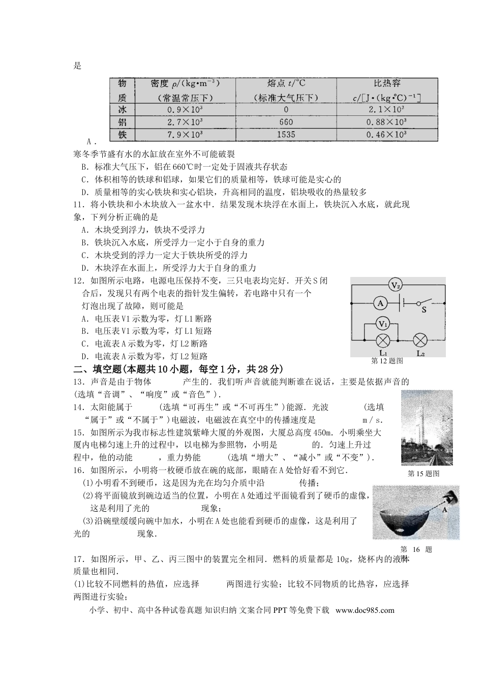 【中考历年真题】2011年江苏南京市中考物理试卷及答案.doc