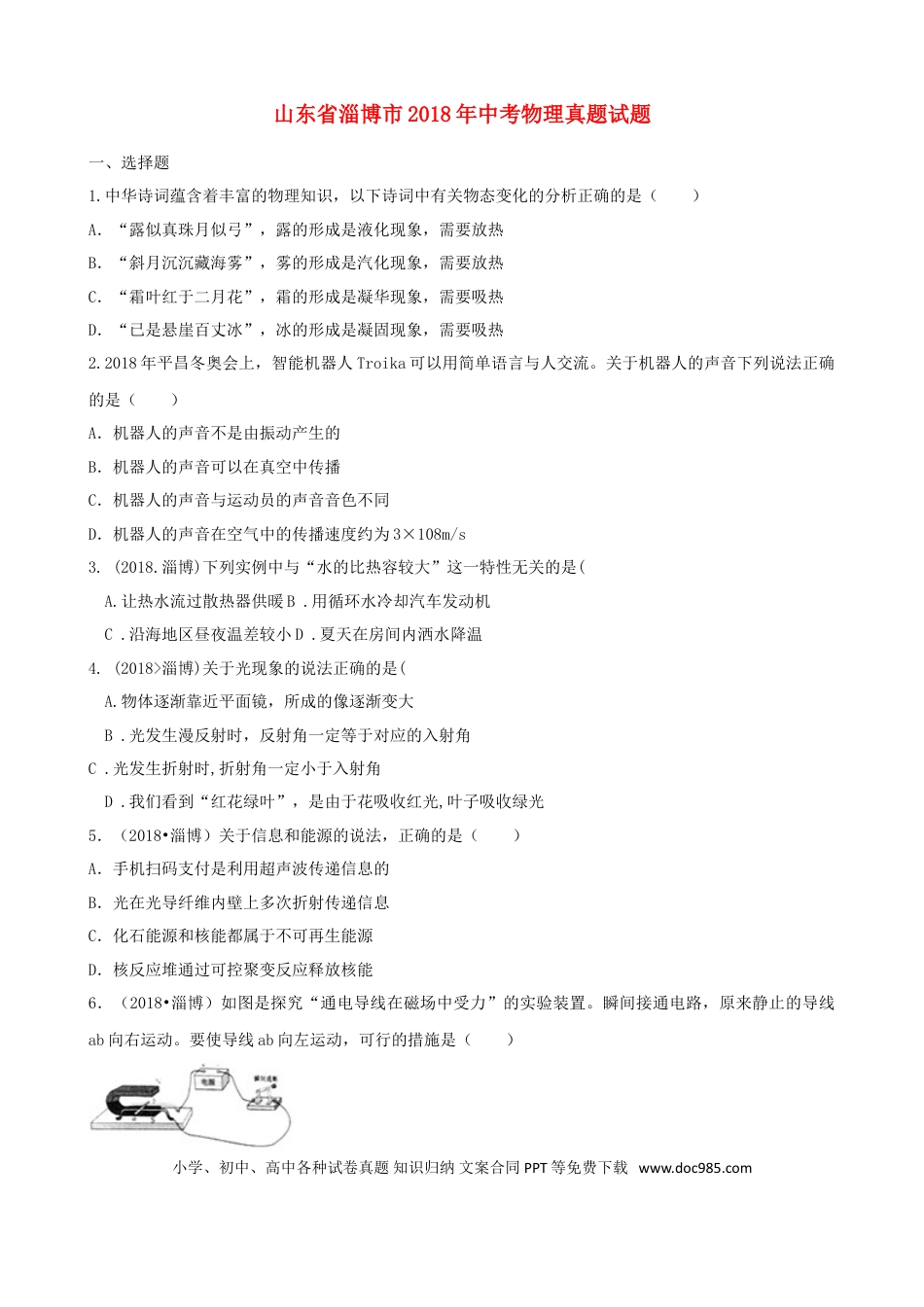 【中考历年真题】山东省淄博市2018年中考物理真题试题（含解析）.doc