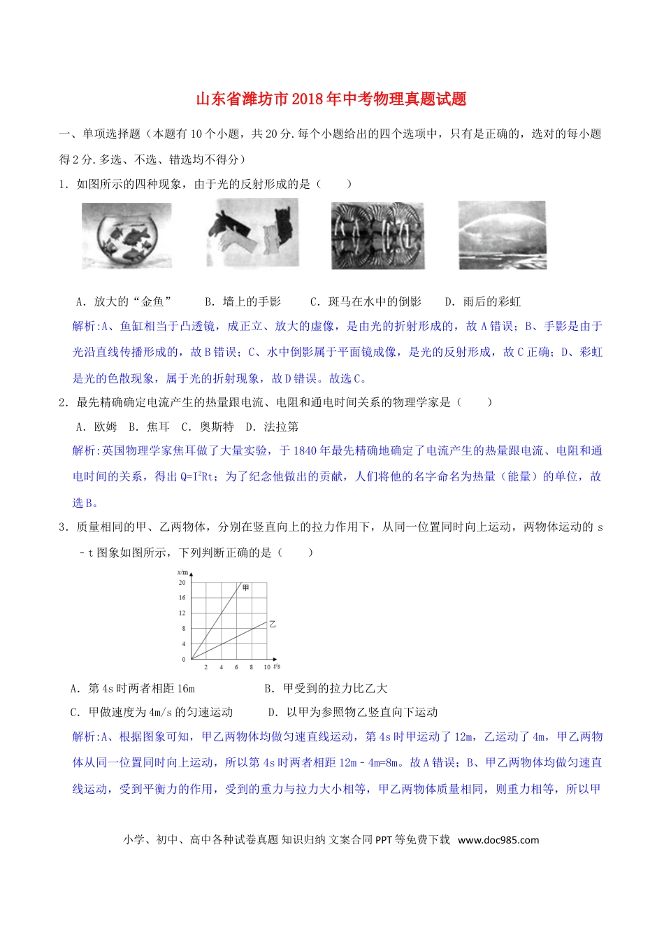 【中考历年真题】山东省潍坊市2018年中考物理真题试题（含解析）.doc
