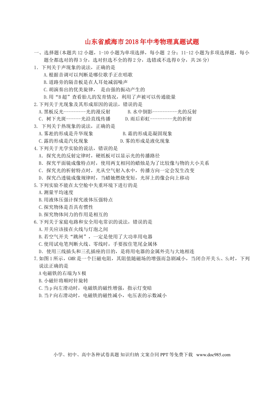 【中考历年真题】山东省威海市2018年中考物理真题试题（含答案）.doc
