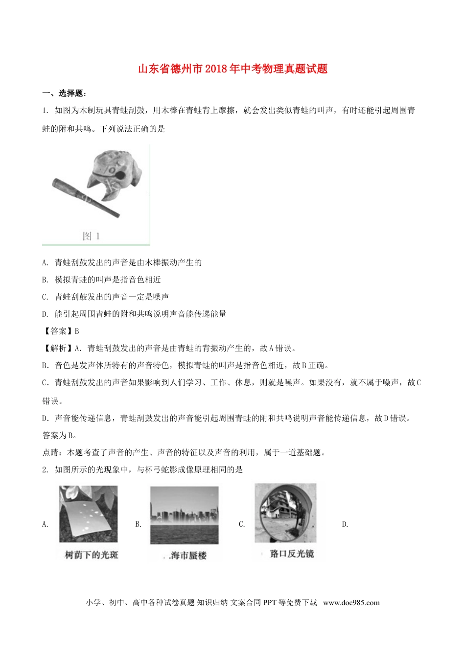 【中考历年真题】山东省德州市2018年中考物理真题试题（含解析）.doc