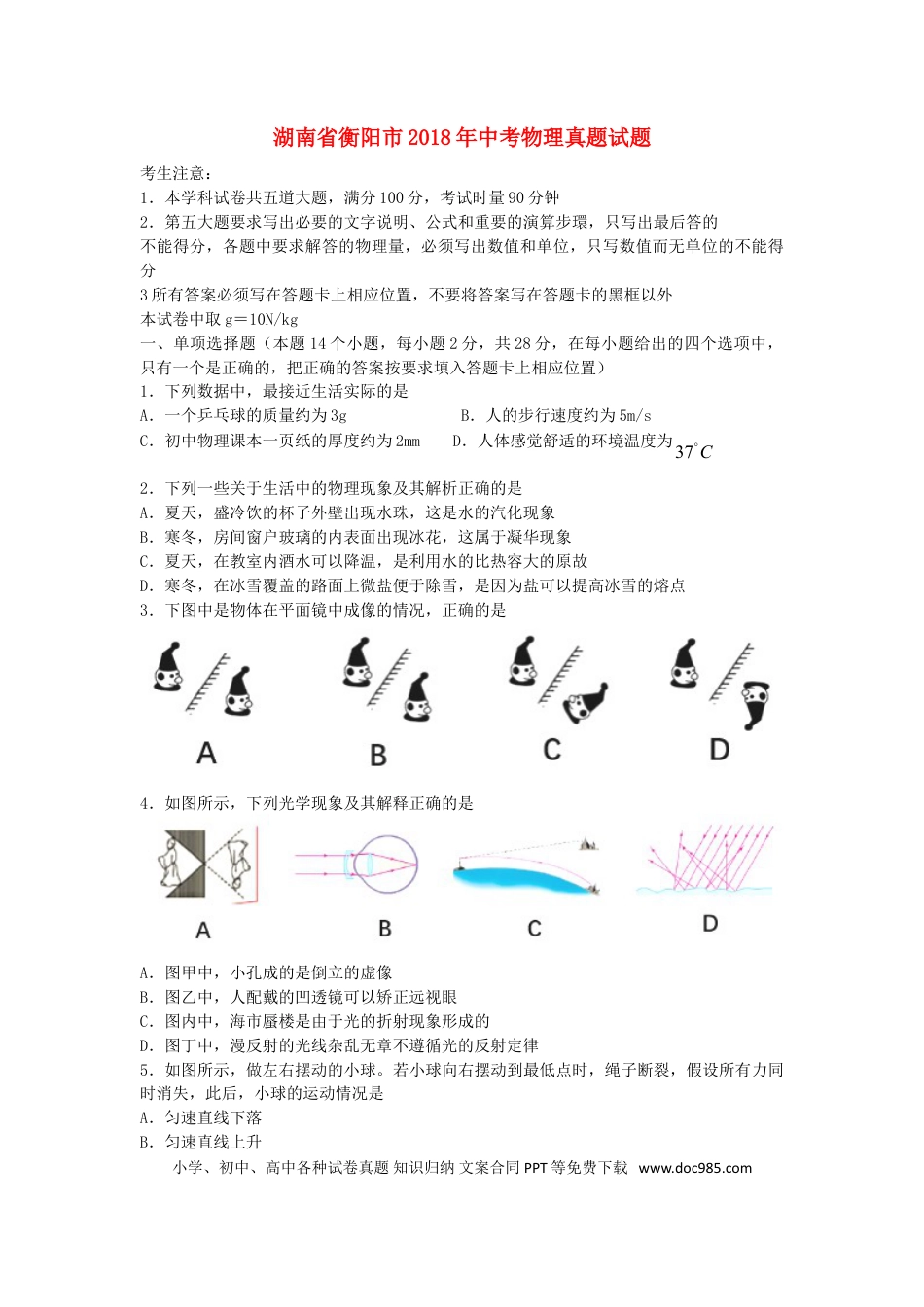 【中考历年真题】湖南省衡阳市2018年中考物理真题试题（含答案）.doc