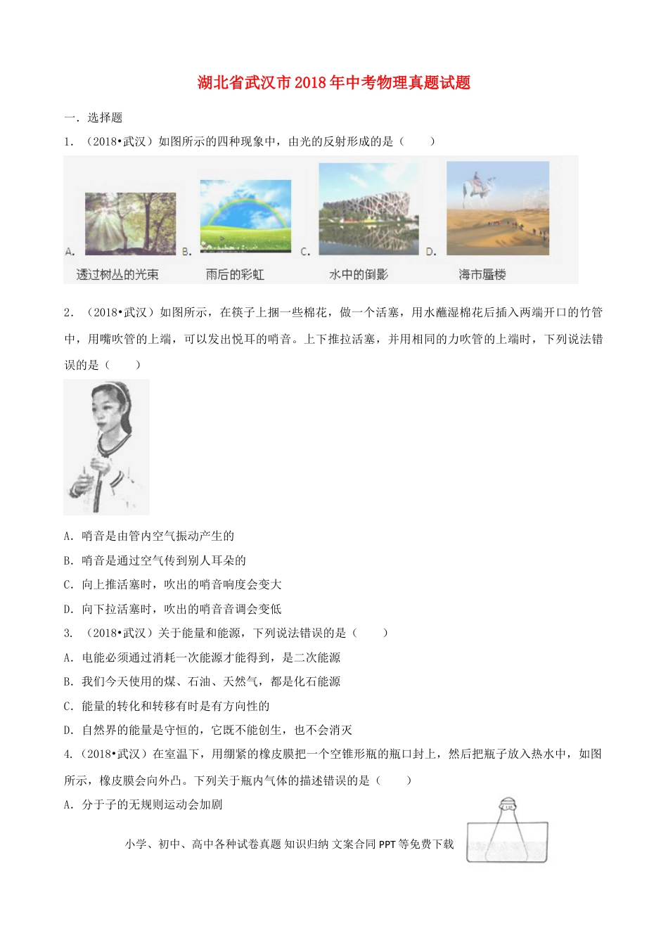 【中考历年真题】湖北省武汉市2018年中考物理真题试题（含解析）.doc