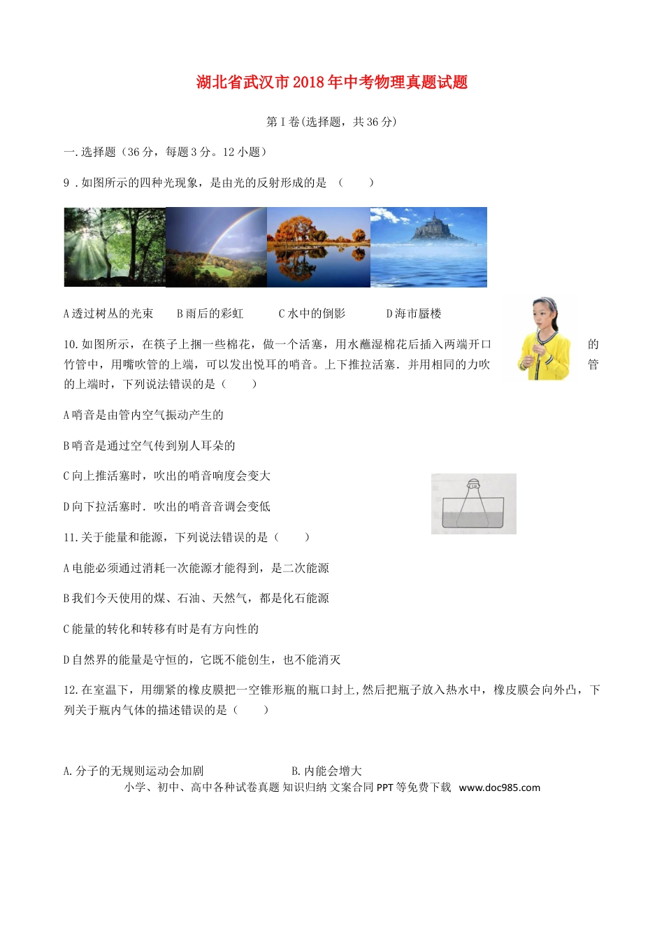 【中考历年真题】湖北省武汉市2018年中考物理真题试题（含答案）.doc