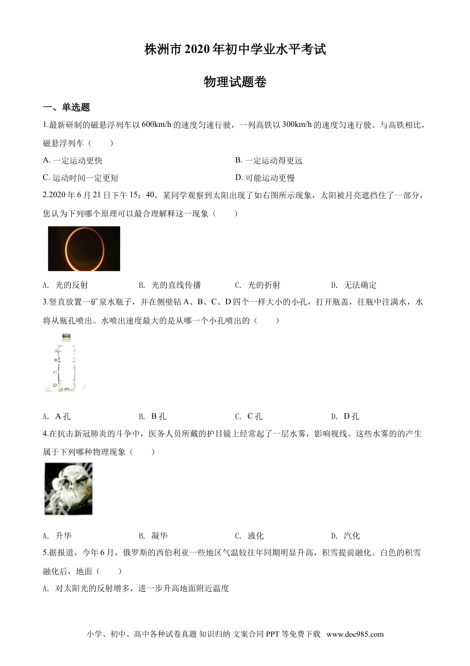 【中考历年真题】2020年湖南省株州市中考物理试题.doc