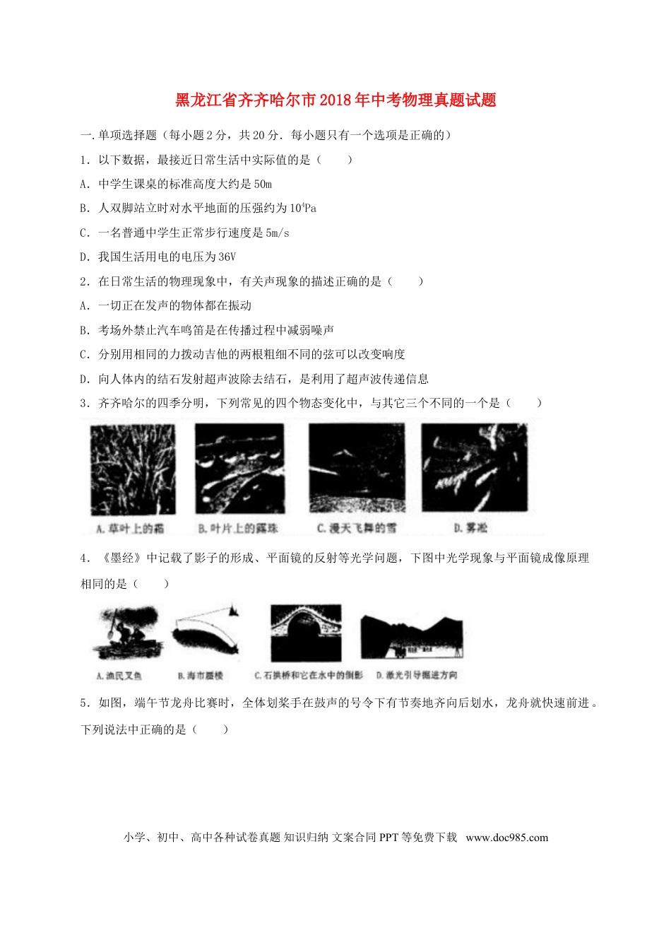【中考历年真题】黑龙江省齐齐哈尔市2018年中考物理真题试题（含解析）.doc