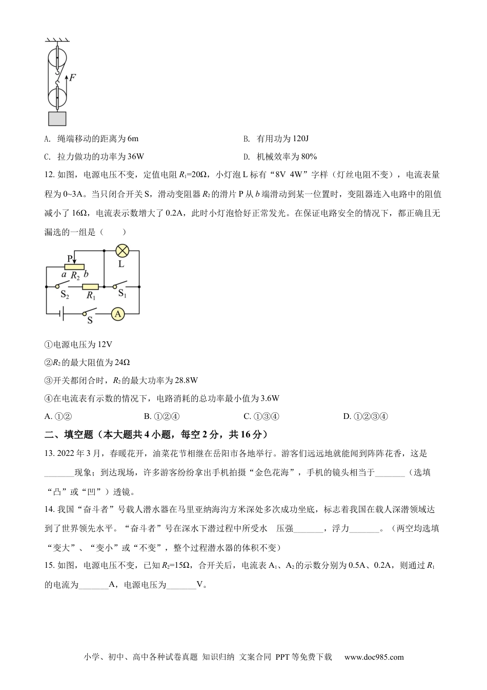 【中考历年真题】精品解析：2022年湖南省岳阳市中考物理试题（原卷版） (1).docx