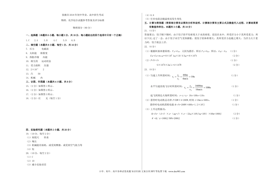 【中考历年真题】甘肃省张掖市2018年中考物理真题试题（扫描版，含答案）.doc