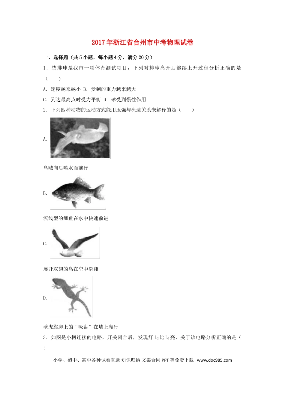 【中考历年真题】浙江省台州市2017年中考物理真题试题（含解析）.doc