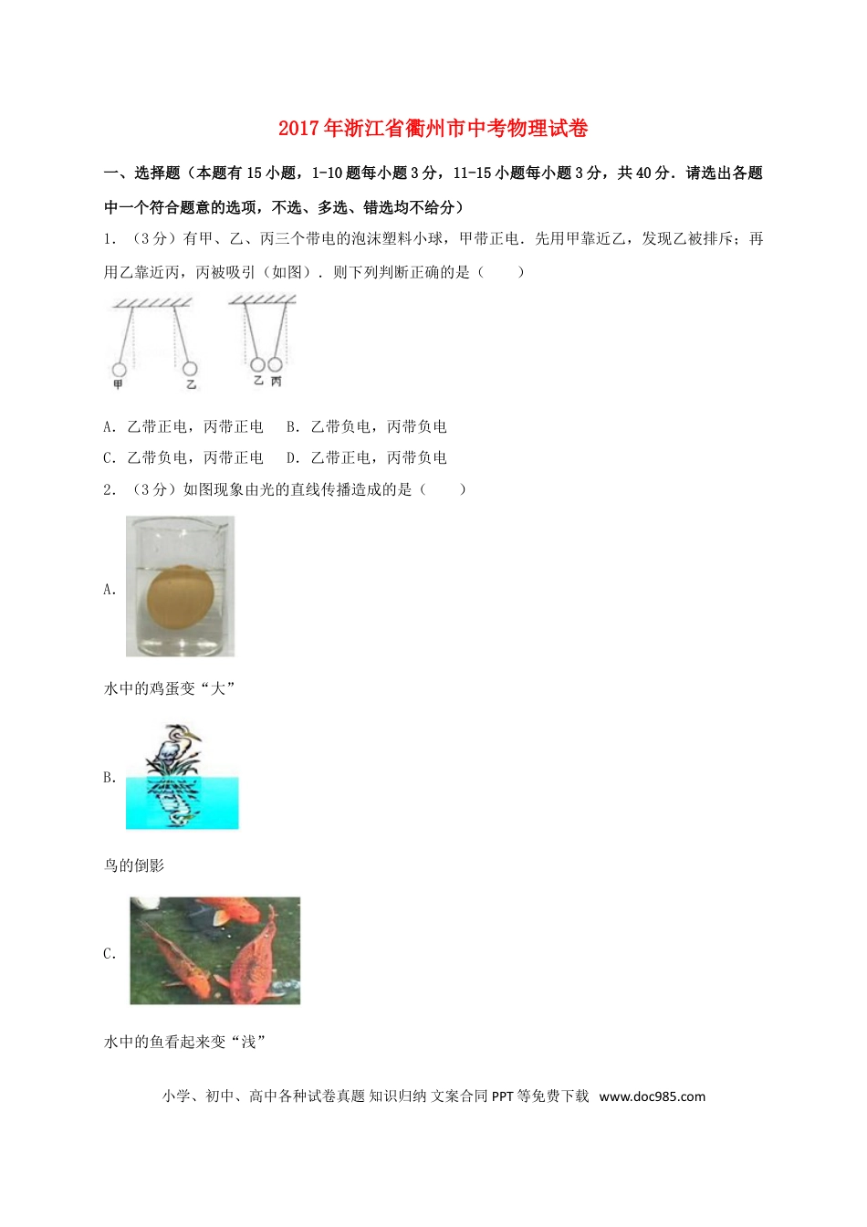 【中考历年真题】浙江省衢州市2017年中考物理真题试题（含解析）.doc