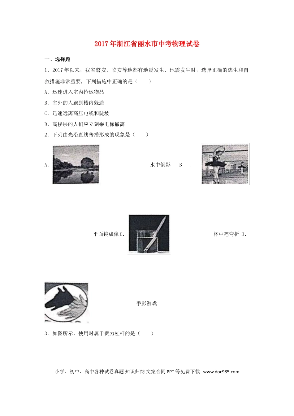 【中考历年真题】浙江省丽水市2017年中考物理真题试题（含解析）.doc