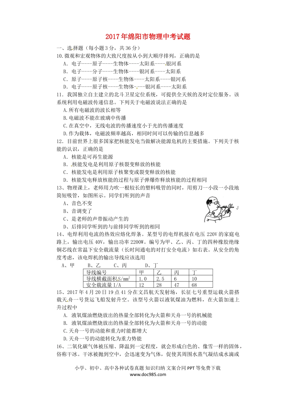 【中考历年真题】四川省绵阳市2017年中考物理真题试题（含答案）.doc