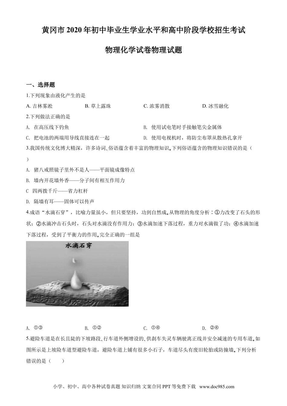 【中考历年真题】2020年湖北省黄冈市中考物理试题（学生版）.doc