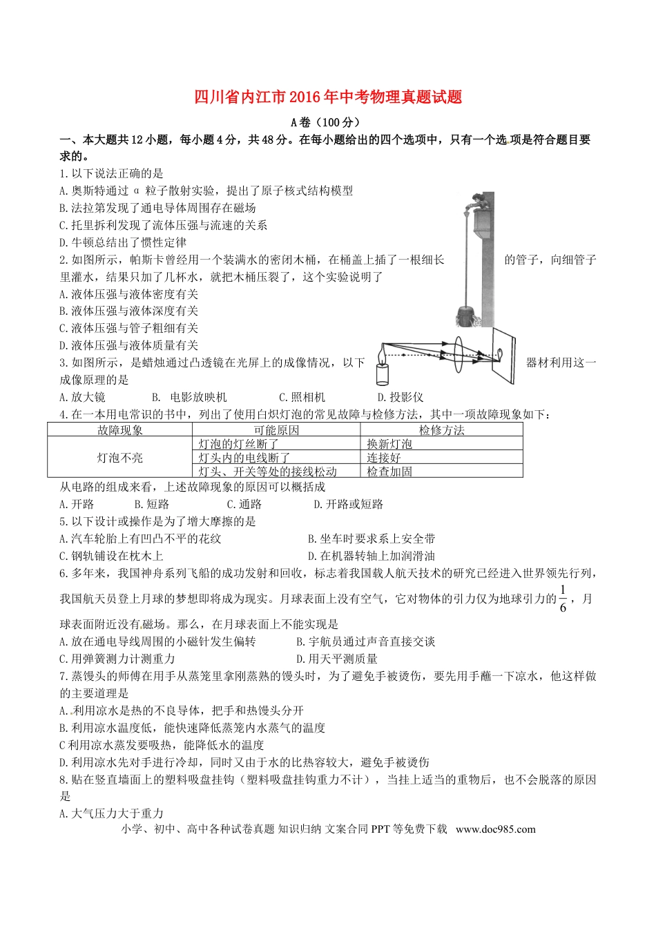【中考历年真题】四川省内江市2016年中考物理真题试题（含答案）.doc