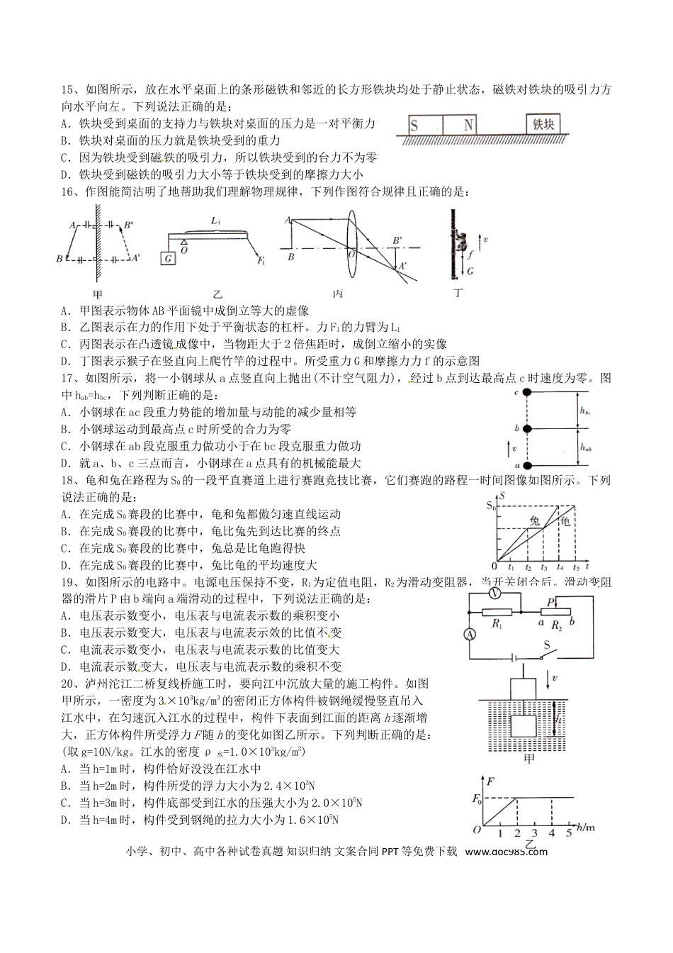 【中考历年真题】四川省泸州市2016年中考物理真题试题（含答案）.doc