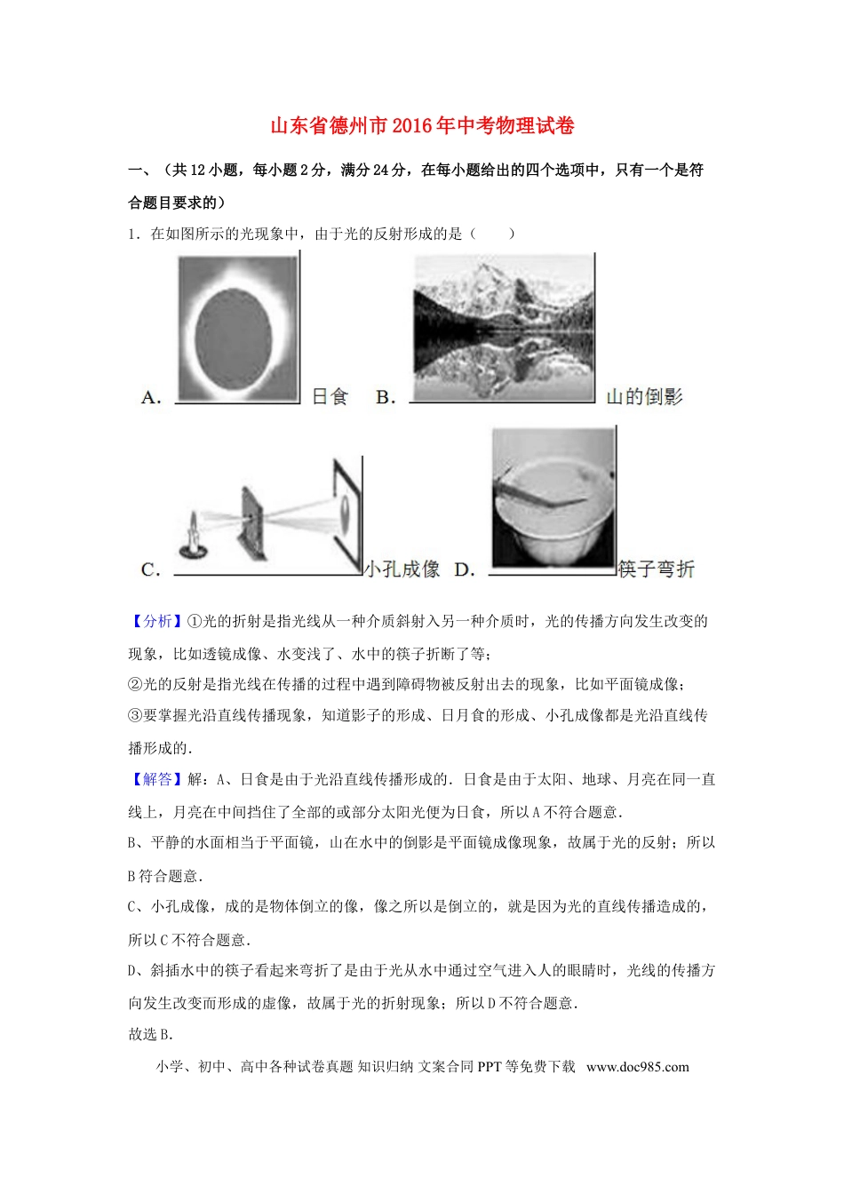 【中考历年真题】山东省德州市2016年中考物理真题试题（含解析）.doc
