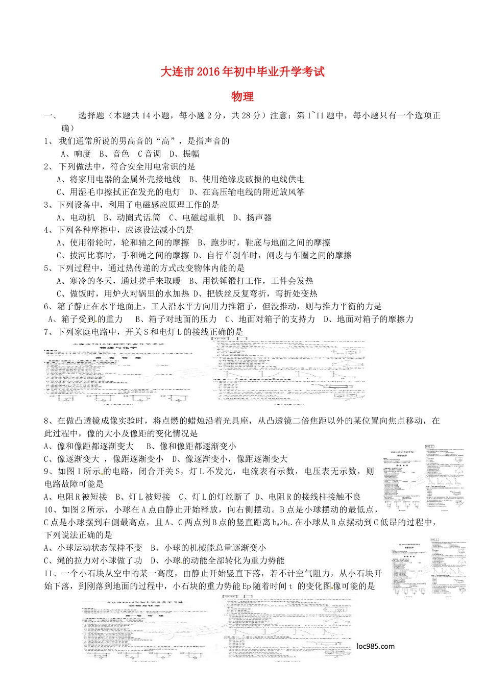 【中考历年真题】辽宁省大连市2016年中考物理真题试题（含答案）.doc