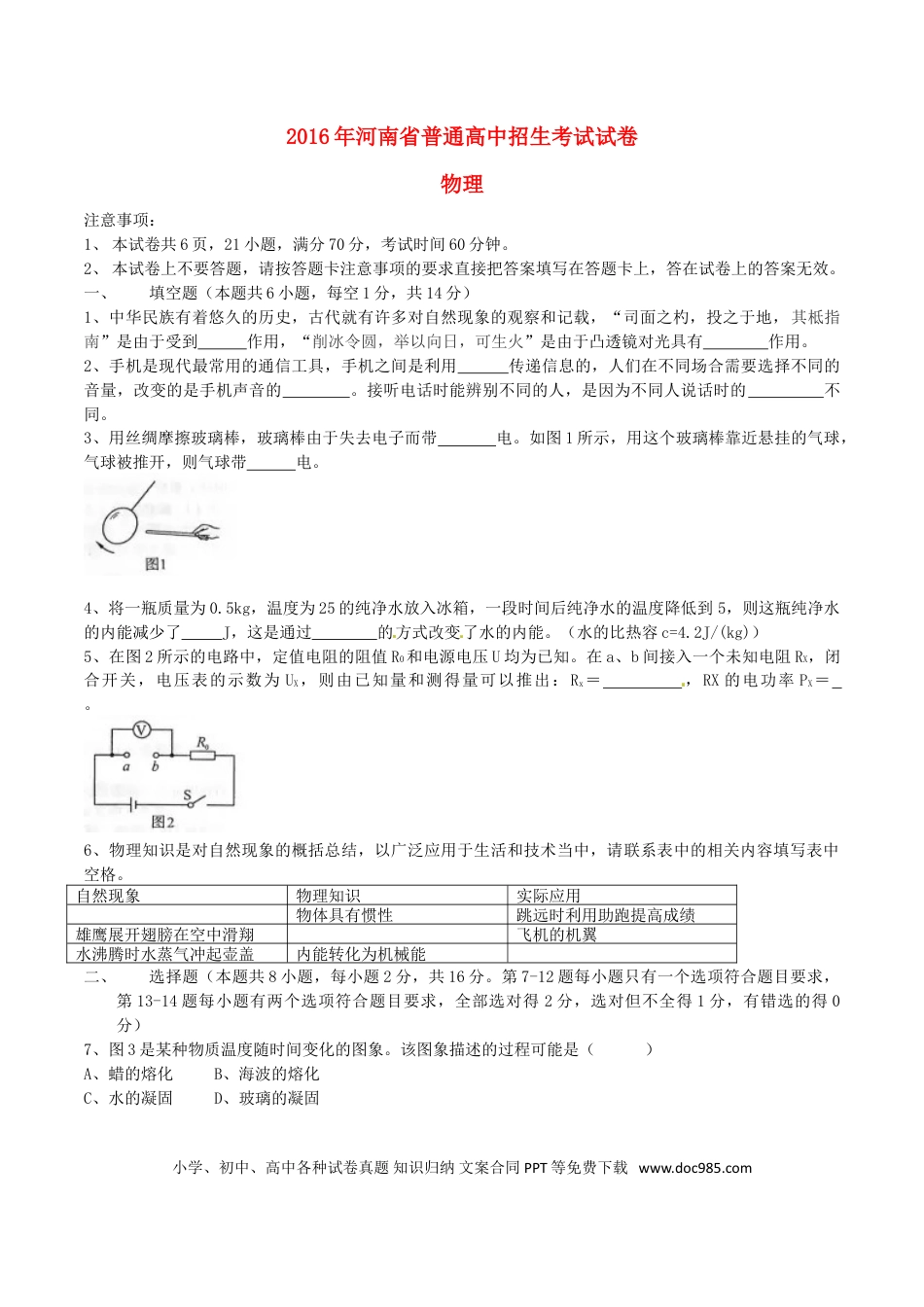 【中考历年真题】河南省2016年中考物理真题试题（含答案）.doc
