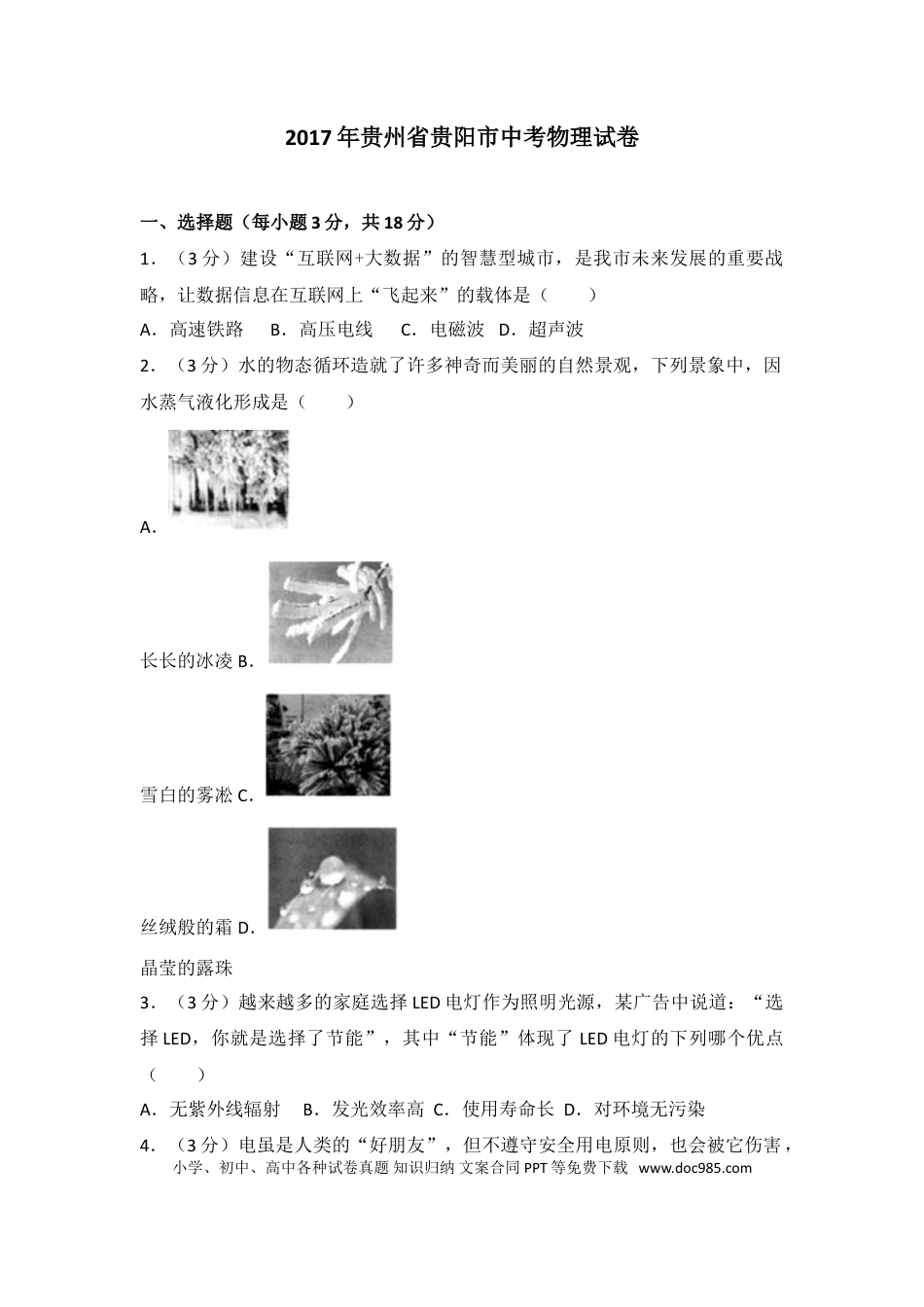 【中考历年真题】贵州省贵阳市2017年中考物理试题(word版-含解析).doc