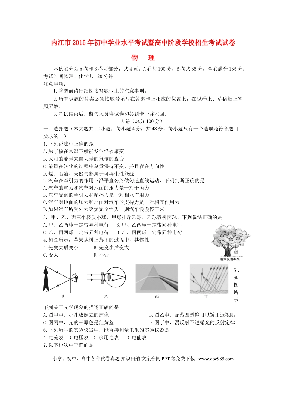 【中考历年真题】四川省内江市2015年中考物理真题试题（含答案）.doc