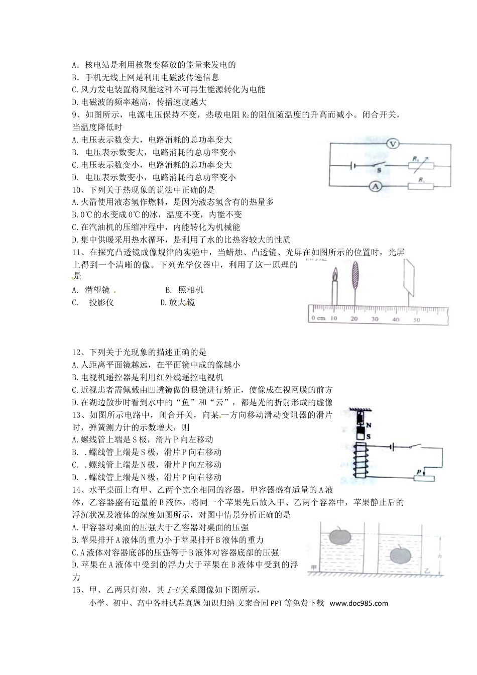 【中考历年真题】山东省淄博市2015年中考物理真题试题（含答案）.doc