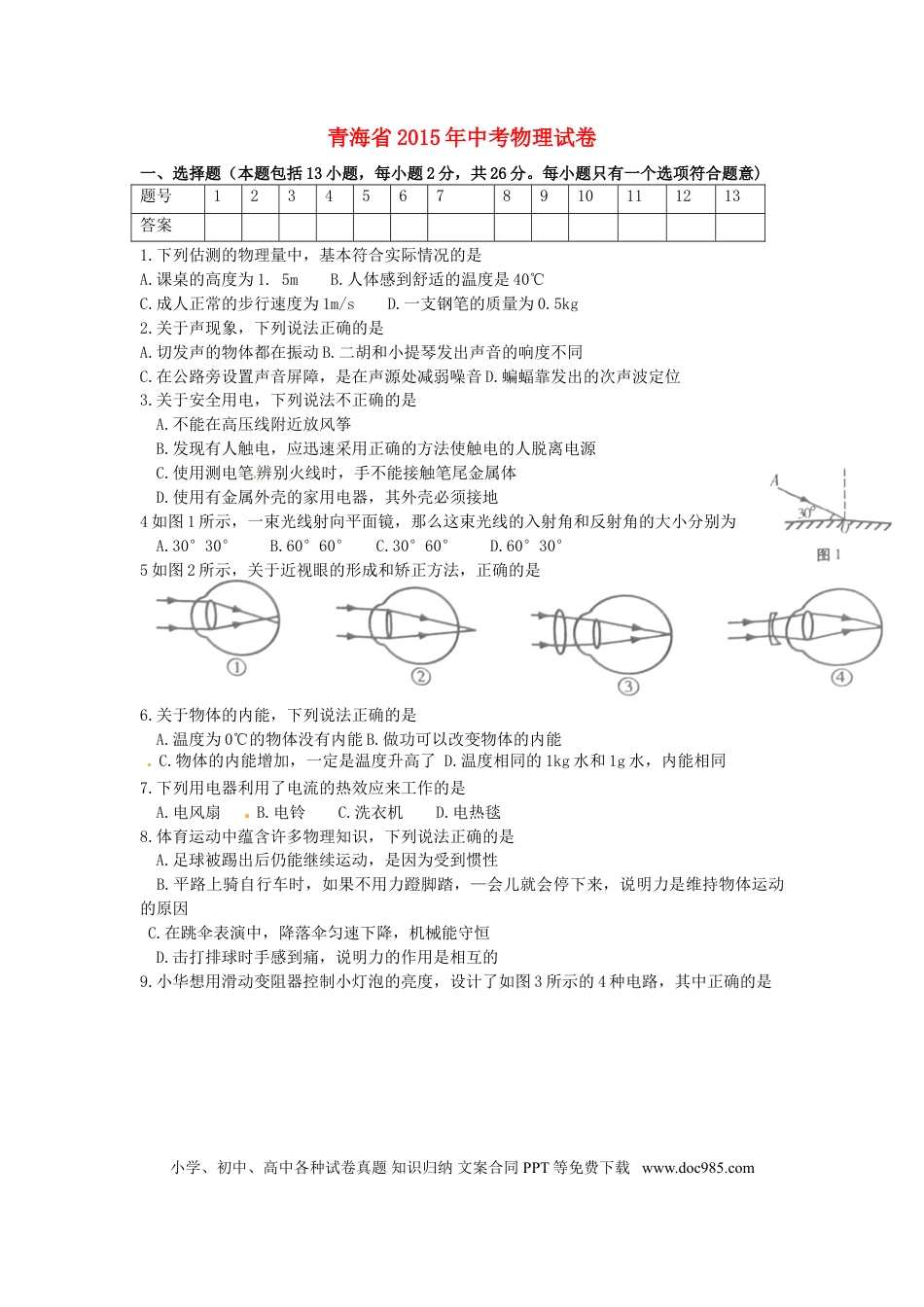 【中考历年真题】青海省2015年中考物理真题试题（含答案）.doc