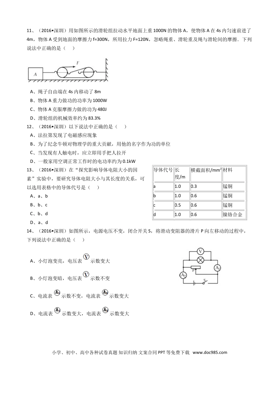 【中考历年真题】2016年深圳市中考(物理部分)(含答案).doc