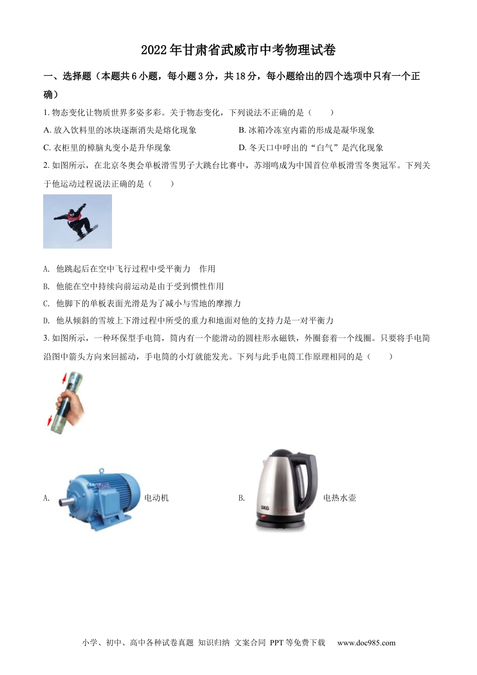 【中考历年真题】2022年甘肃省武威市中考物理试题（原卷版）.docx