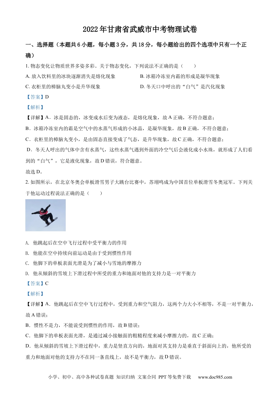 【中考历年真题】2022年甘肃省武威市中考物理试题（解析版）.docx