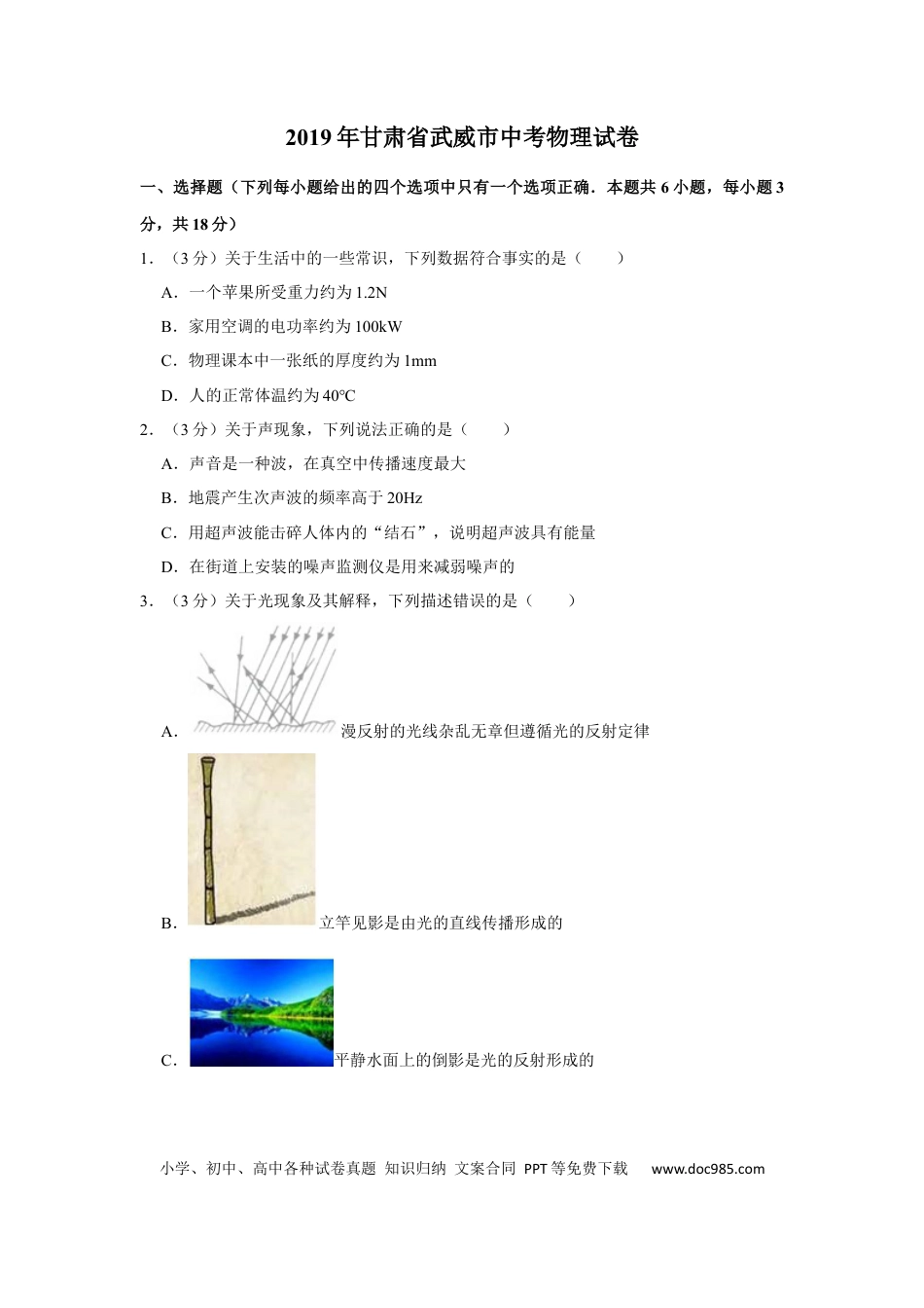 【中考历年真题】2019年甘肃省武威中考物理试题（原卷版）.docx