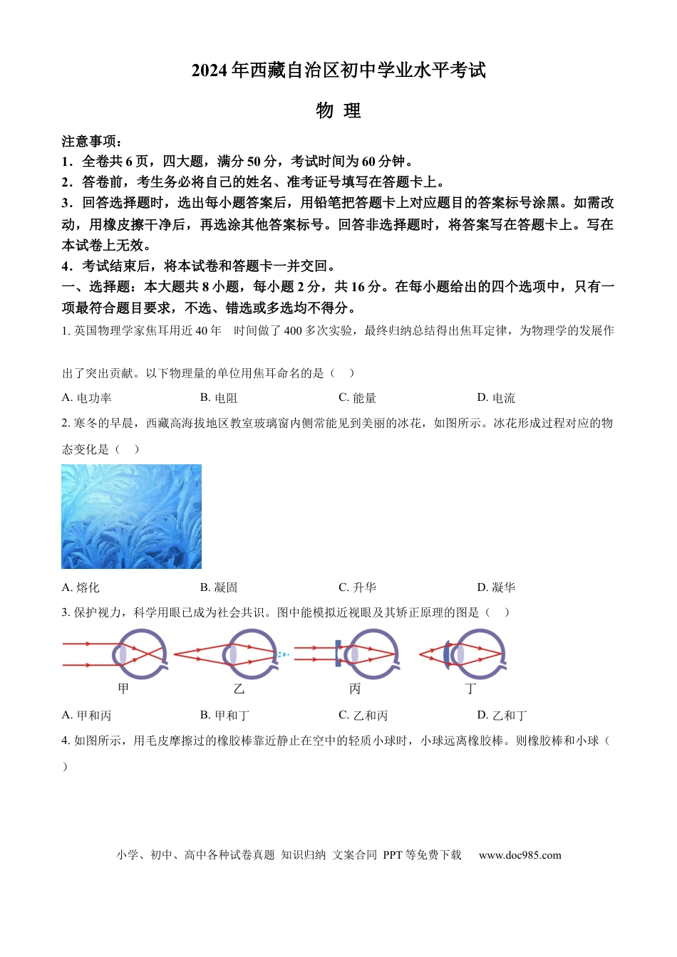 【中考历年真题】精品解析：2024年西藏中考物理试题（原卷版）.docx