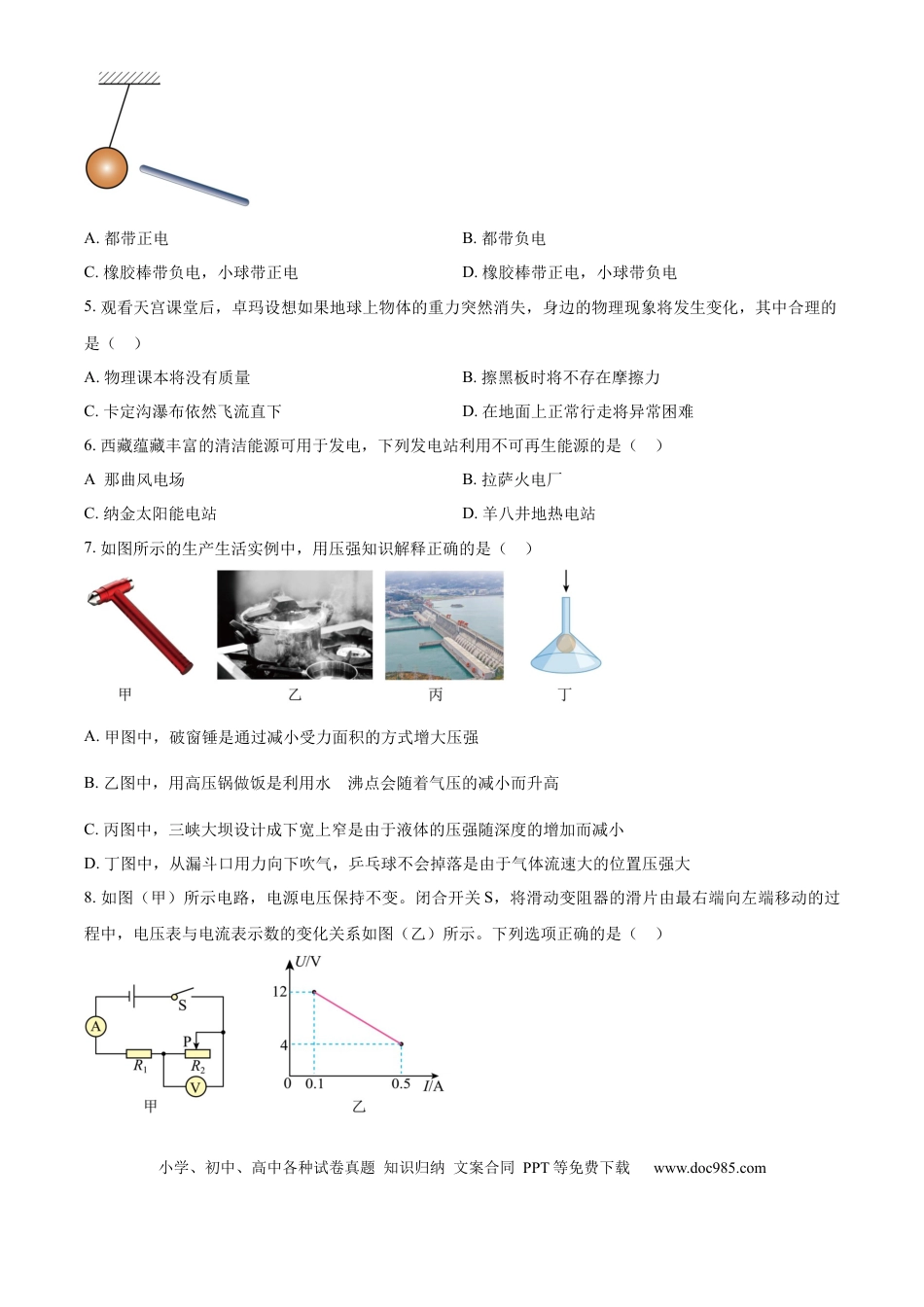 【中考历年真题】精品解析：2024年西藏中考物理试题（原卷版）.docx